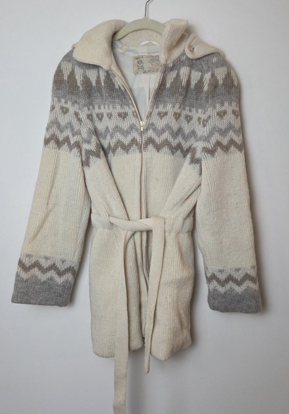 Hilda Ltd. M Icelandic Wool Hooded Sweater Jacket Full-zip Tie Nordic Lopi Knit